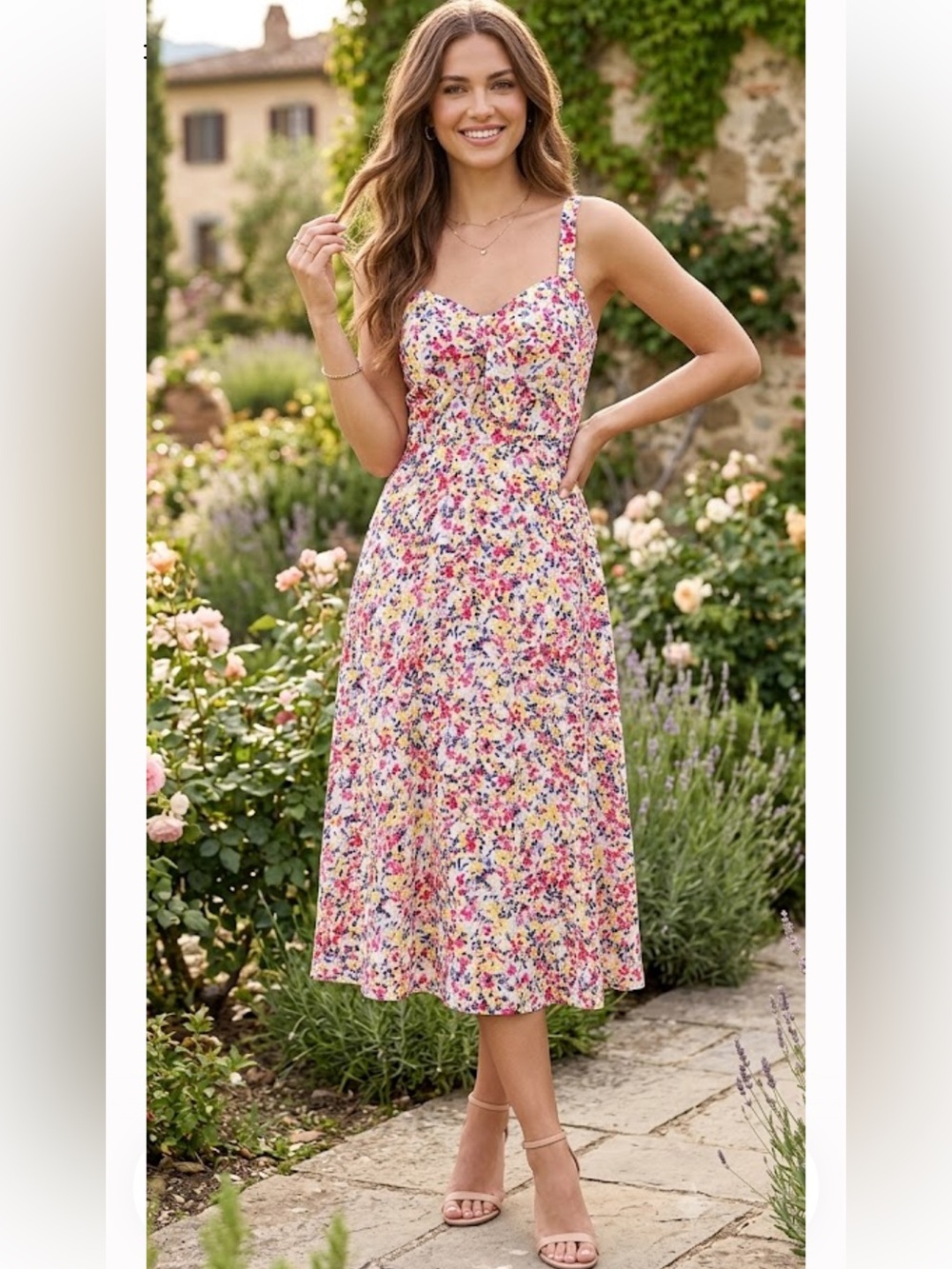 julia jordan Floral Spaghetti-Strap Midi Dress in White, Pink, Yellow